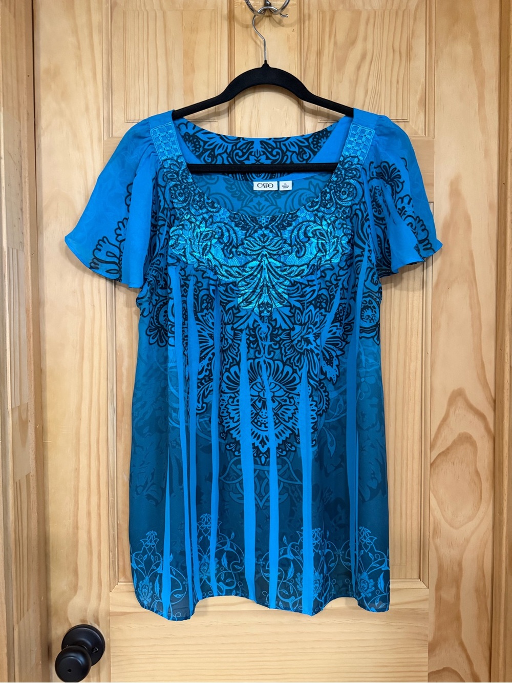 Cato Teal Blue Patterned Scoop-Neck Tunic
